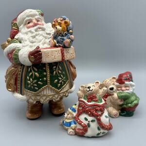 Fitz & Floyd Holiday Elf Salt & Pepper + Jolly Ole St. Nick Lidded Candy Jar